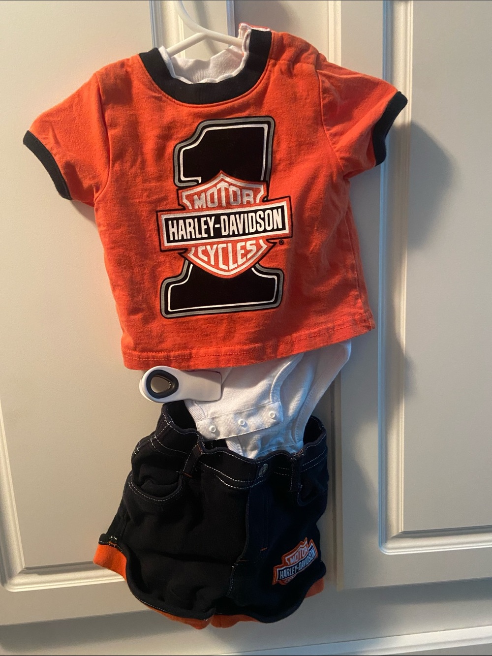 Harley-Davidson Orange and Black Baby Tee with Black Shorts